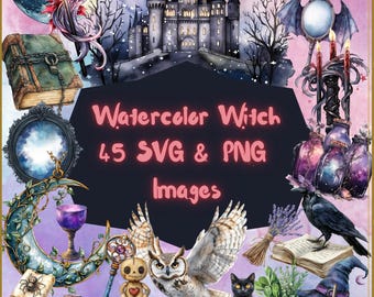 Aquarel heks clipartbundel png SVG | Gothic Witchcore-graphics | Griezelige aquarel Halloween-kunst