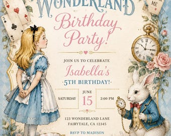 Alice in Wonderland Garden verjaardagsuitnodiging Tea Party digitale uitnodiging