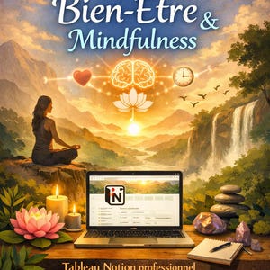 Peut inclure: Illustration numérique promouvant le bien-être et la pleine conscience. L'image présente un ordinateur portable affichant un tableau de bord Notion, une femme méditant et un paysage serein avec une cascade. Le texte indique "Coach Bien-Etre & Mindfulness" et "Tableau Notion professionnel pour coachs, thérapeates et praticiens holistiques."
