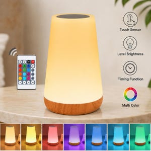 May include: A conical table lamp with a smooth, glowing white shade and a light wood-grain base. It includes a remote control with color and brightness buttons. Icons indicate features: Touch Sensor, Level Brightness, Timing Function, and Multi Color.