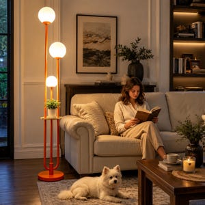 May include: A tall, vibrant orange floor lamp featuring three vertical poles of varying heights, each topped with a spherical white glass globe light. A small circular wooden shelf is integrated into the structure, holding a potted green plant.