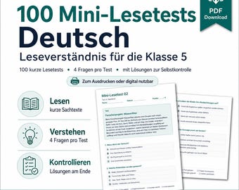 100 mini testów czytania z języka niemieckiego, klasa 5 | Pobierz plik PDF ze zrozumieniem tekstu z rozwiązaniami do druku