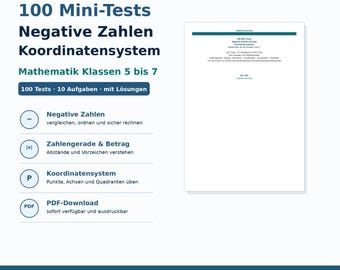 Liczby ujemne w formacie PDF dla klas 5-7 | 100 mini testów matematycznych do pobrania | Zeszyt ćwiczeń do druku z rozwiązaniami