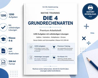 4 podstawowe działania arytmetyczne dla klas 4-6 (PDF) | 1200 zadań matematycznych z rozwiązaniami | Dodawanie, odejmowanie, mnożenie, dzielenie