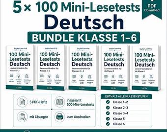 Zestaw 5 x 100 mini testów czytania z języka niemieckiego dla klas 1–6 | Pobierz plik PDF z kluczem odpowiedzi do wydruku
