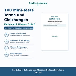 以下が含まれることがあります： 数学の6年生から8年生向けのデジタル教材「100 Mini-Tests Terme und Gleichungen」。このドキュメントには、100のテスト、各テストに10の課題、および式の簡略化と線形方程式に関する解答が含まれています。PDF形式でダウンロード可能です。