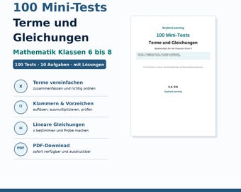 Wyrażenia i równania (PDF) Klasy 6–8 | 100 mini testów matematycznych do pobrania | Zeszyt ćwiczeń z rozwiązaniami