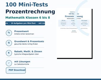 Obliczenia procentowe w formacie PDF dla klas 6-8 | Pobierz 100 mini testów matematycznych | Zeszyt ćwiczeń z rozwiązaniami