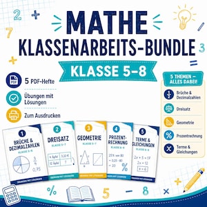 以下が含まれることがあります： MATHE KLASSENARBEITS-BUNDLE KLASSE 5-8と題されたデジタル学習教材セット。分数、小数、幾何学、代数などの数学トピックを扱う5冊のPDFワークブックが含まれ、アイコン、数学記号、黄色い鉛筆のイラストが描かれています。