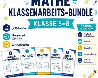 Pakiet 5 materiałów matematycznych w formacie PDF dla klas 5–8 | Ćwiczenia z rozwiązaniami | Ułamki, procenty, geometria do pobrania
