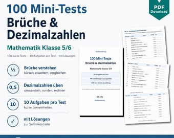 Ułamki i liczby dziesiętne w formacie PDF dla klas 5-6 | Pobierz 100 mini testów matematycznych | Zeszyt ćwiczeń z rozwiązaniami
