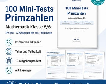 Liczby pierwsze w formacie PDF dla klas 5-6 | 100 mini testów matematycznych do pobrania | Zeszyt ćwiczeń do druku z rozwiązaniami