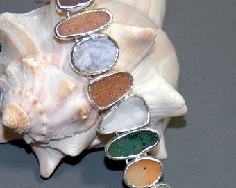 Sterling Silver, Drusy Chalcedony, Agate, Quartz Link Bracelet - Autumn Color