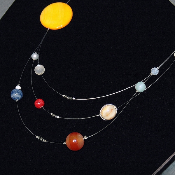 Solar System Floating Necklace - Sterling silver, Genuine Stones
