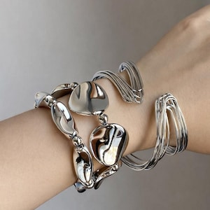 3-Piece Chunky Silver Bracelet Set, Irregular Liquid Metal Bangle, Bracelets for Women, Y2K Futuristic Arm Candy, Gift for Fashion Lovers.