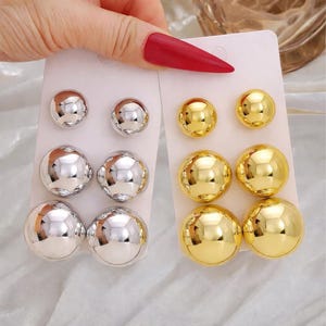 Ball Stud Earrings Set, Gold & Silver Sphere Studs, 3 Sizes Dome Earring Pack, Minimalist Geometric Jewelry, Gift for Women