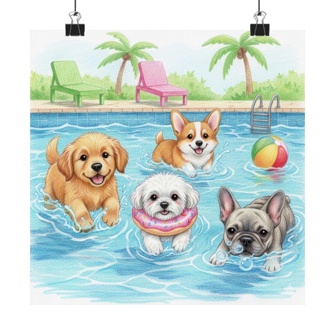 Pool Puppies Poster | Matte Vertical Poster, Cute Dogs Swimming Art - Etsy