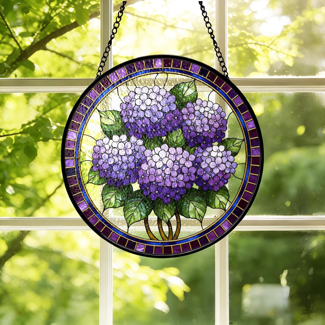 Hydrangea Window Display Purple Hydrangea Stained Glass Suncatcher, Floral Mosaic Window Hanging ...