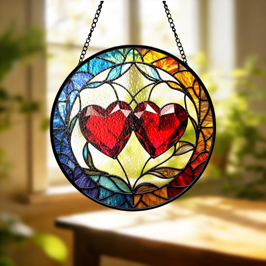 Two Hearts Stained Glass Suncatcher - Ruby Red Gemstone, Anniversary ...