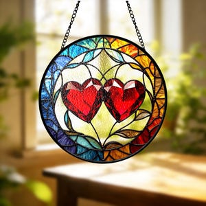 May include: A round stained glass window hanging with a black metal frame and chain. The window features two red heart-shaped gems in the center, surrounded by colorful glass in shades of blue, green, yellow, and orange. The design is reminiscent of a romantic theme.