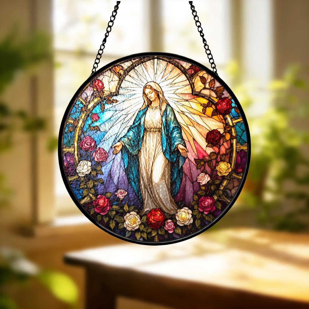 Virgin Mary Stained Glass Suncatcher, Blessed Mother Rose Halo ...