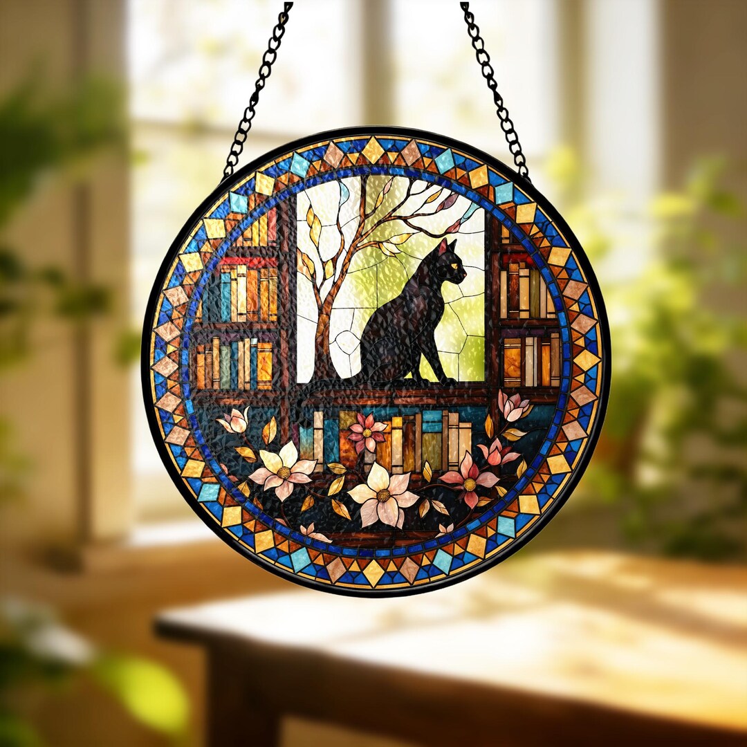 Black Cat Stained Glass Suncatcher, Bookshelf Window Hanging Art - Etsy