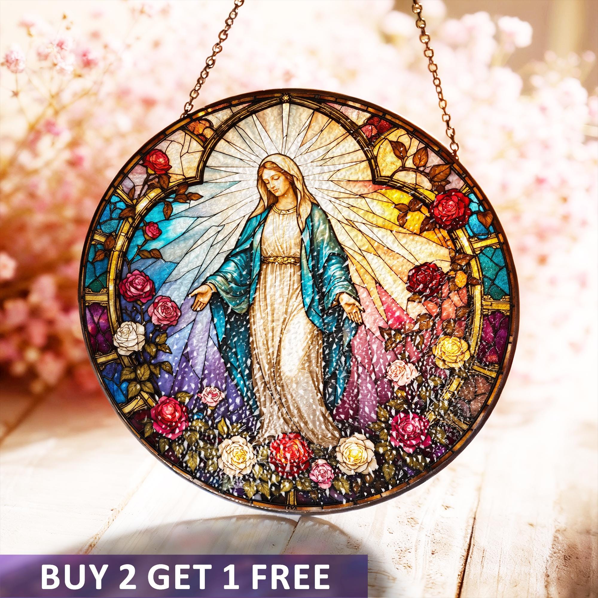 Virgin Mary Stained Glass Suncatcher, Blessed Mother Rose Halo ...