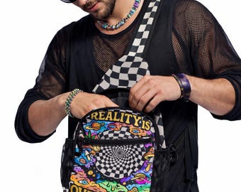 Realität ist überbewertet Brusttasche | Psychedelische Schachbrett Schultertasche | Kariert|Trippy Tasche| Festival Bag|Rave Tasche| Rave Zubehör