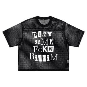 May include: Black mesh t-shirt featuring the text "PLAY SOME FCKN RIDDIM" in a white, cut-out style font. The shirt has a crew neck and short sleeves. The mesh fabric is a fine, open weave.