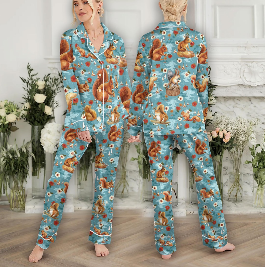 Cute Squirrel Animal Pajamas, Squirrel Lover Aloha Holiday Pajamas, Pjs ...
