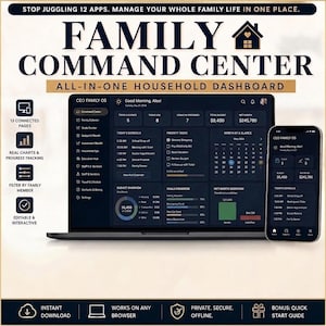 May include: A digital family command center dashboard displayed on a laptop and smartphone screen. The interface features sections for events, tasks, budget, and goals. Text includes "FAMILY COMMAND CENTER" and "CEO FAMILY OS" with dark mode UI.