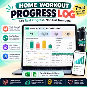 Trainingslogboek en krachttracker | 1RM-calculator, voortgangsgrafieken en TDEE-calculator | Excel en Google Sheets