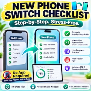Lista de verificación para la configuración de un nuevo teléfono / Guía para cambiar de teléfono / Rastreador de datos de copia de seguridad y transferencia / iPhone y Android / Hoja de cálculo + PDF (descarga digital)