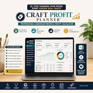 May include: A laptop displaying the Craft Profit Planner dashboard with financial data, charts, and tables. The screen shows revenue, profit, and cost breakdowns. Text includes 'Stop guessing your prices' and 'Professional handmade pricing calculator'.