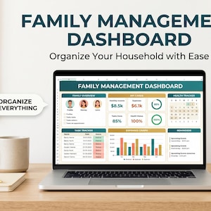 May include: A laptop displays a "Family Management Dashboard" with financial and health tracking data. The image includes a coffee mug, notepad, pen, and a small potted plant. Text reads "Organize Your Household with Ease."