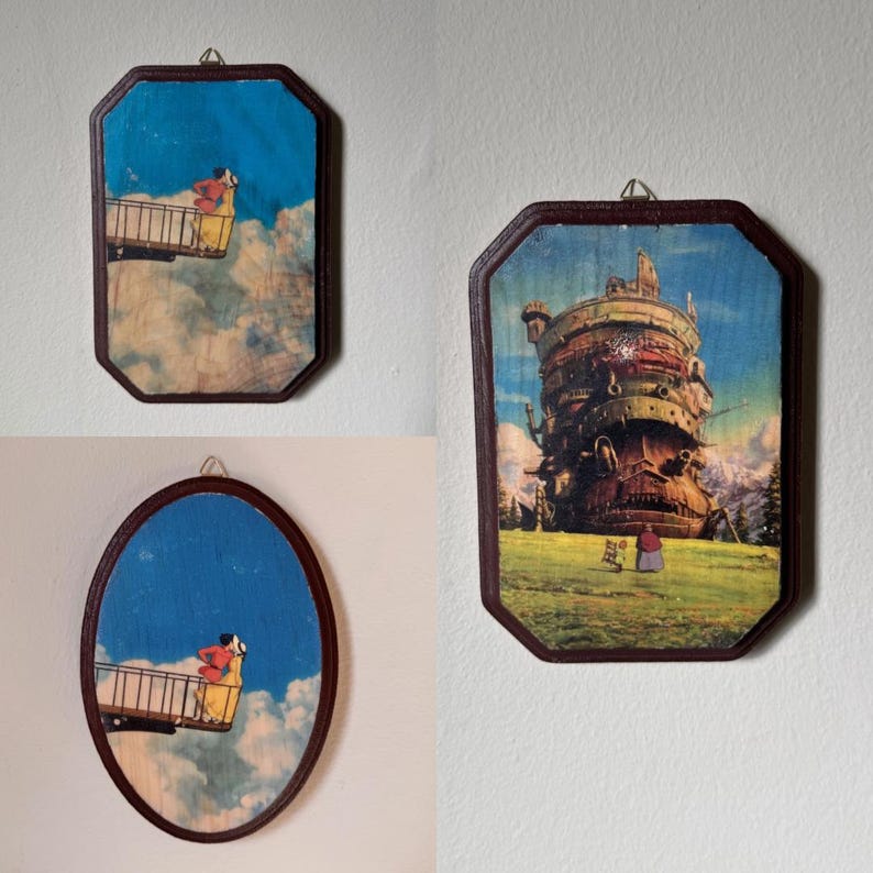 Howl’s Moving Castle Studio Ghibli Art on Hand-Painted Wood / Nostalgic Anime Film Art afbeelding 1
