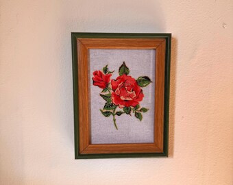 Handmade Traditional Rose Image in Vintage Frame on Linen