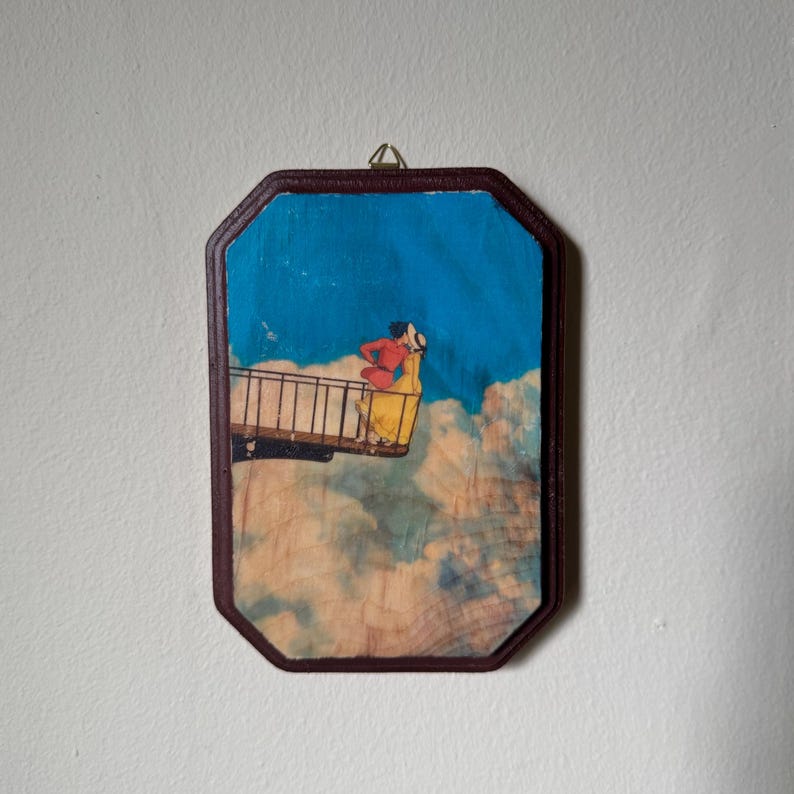 Howl’s Moving Castle Studio Ghibli Art on Hand-Painted Wood / Nostalgic Anime Film Art Rect: Howl & Sophie