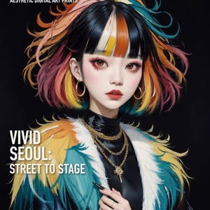 May include: Digital art print cover featuring a stylized illustration of a woman with colorful hair and makeup. The cover reads "SLOWMORNINGART" and "VIVID SEOUL: STREET TO STAGE". The woman wears gold jewelry and a colorful jacket.