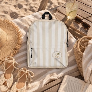 The Palm Striped Backpack | Coastal Travel Bag | Laptop Bag | School Backpack | The Bare Pages Coastal Collection