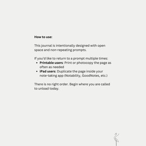 Peut inclure: Une page cr&egrave;me avec le texte "How to use:" suivi d'instructions pour utiliser un journal avec un espace ouvert et des invites non r&eacute;p&eacute;titives. Des instructions sont fournies pour les utilisateurs imprimables et iPad. Un petit croquis d'oiseau est dans le coin inf&eacute;rieur droit.