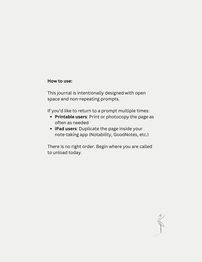 Peut inclure: Une page cr&egrave;me avec le texte "How to use:" suivi d'instructions pour utiliser un journal avec un espace ouvert et des invites non r&eacute;p&eacute;titives. Des instructions sont fournies pour les utilisateurs imprimables et iPad. Un petit croquis d'oiseau est dans le coin inf&eacute;rieur droit.