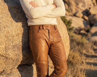 Herren Tan Braun Lederhose Handgefertigte Schaffell Slim Fit Biker Hose Vintage Style Echte Lederhose Motorrad.