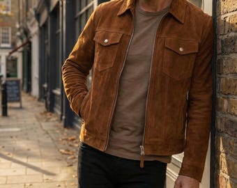 Handgefertigte Herren Cognac Braune Wildlederjacke - Schaffell Trucker Jacke.