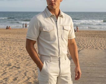Handgefertigte Herren Schaffell Jacke & Shorts Set Weiß – Leder Co ord Streetwear Sommer Outfit.
