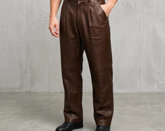 Men’s Brown Genuine Sheepskin Leather Trousers Handmade Vintage Style Pants,