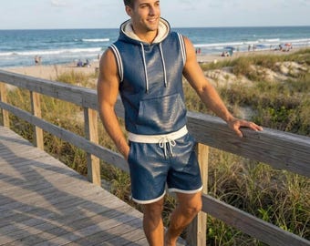 Handgefertigtes Herren Leder Co-Ord Set | Ärmelloser Hoodie & Shorts aus Schaffell | Sommer Leder Trainingsanzug.