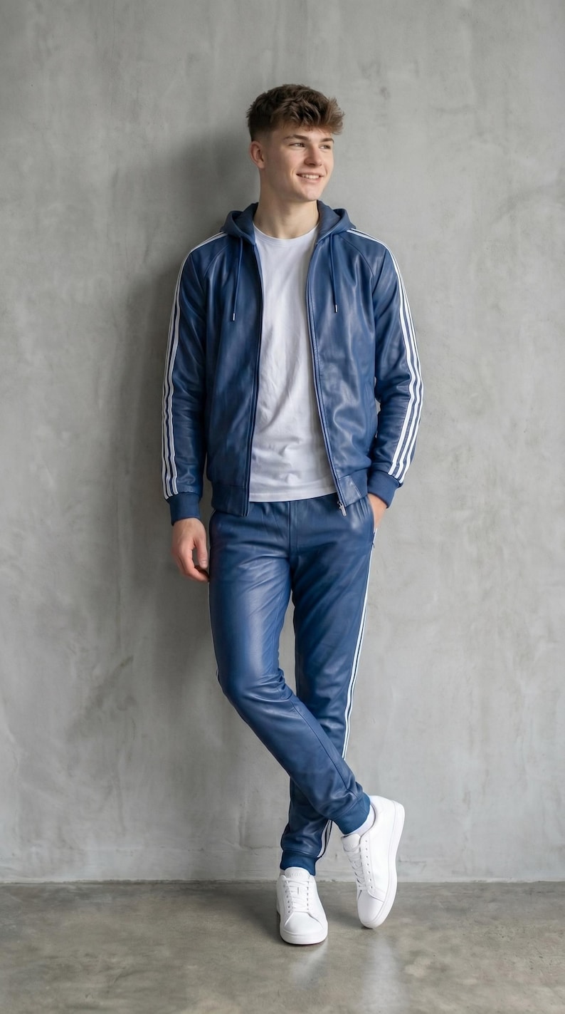 Op de afbeelding: Een blauw leren trainingspak met witte strepen op de mouwen en broekspijpen. De jas heeft een capuchon en de persoon draagt een wit t-shirt en witte sneakers. De outfit is een moderne interpretatie van een klassieke sportstijl.