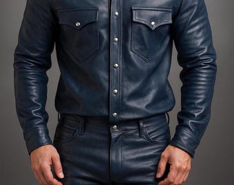 Handmade Men's Dark Blue Lambskin Leather Shirt Jacket & Pants Set: Biker Streetwear Suit.