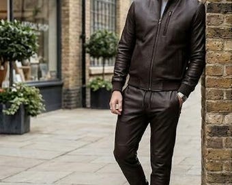 Handgefertigte Herren Braun Echtleder Trainingsanzug Set Slim Fit Joggers Luxus Streetwear Designer Outfit.